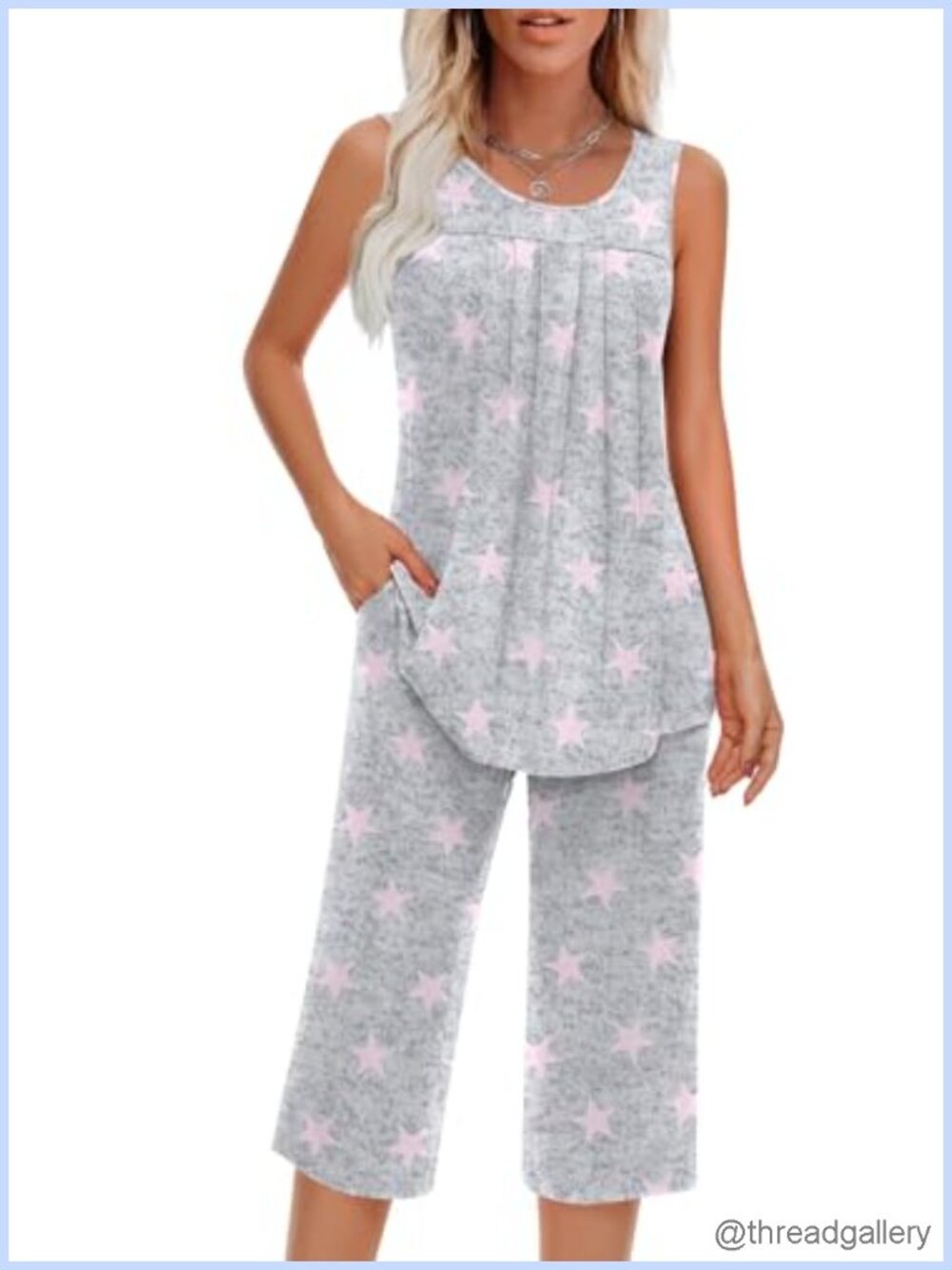 Findsweet Women 2-Piece Pajama Set Sleeveless Tank Top & Capri Pants Sleepwear